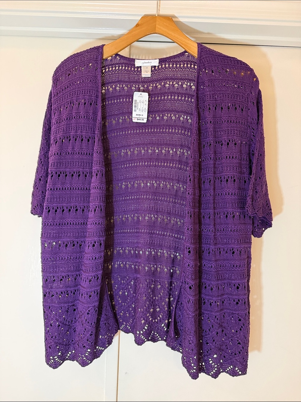 CJ Banks Deep Purple Open Crochet Short-Sleeve Cardigan